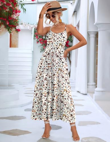 Image of Zeagoo Women's Crewneck Floral Maxi Dress Boho Floral Printed Adjustable Spaghetti Strap Beach Long Dress with Pockets