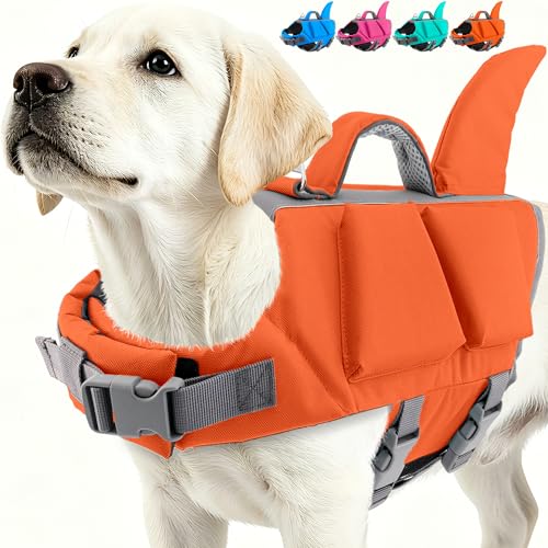 Fragralley Shark Fin Dog Life Jacket with Extra Foam, High Buoyancy Pet Safety Vest with Reflective Strips & Rescue Handle for Swimming Boating Beach, Ripstop Dog PFD Suit for Small Medium L