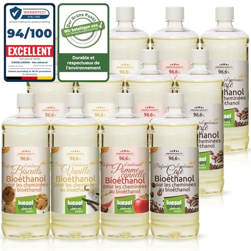 KieselGreen Bioéthanol 12 x 1 Litre avec Parfum pour Cheminée à l'éthanol - Bioéthanol comme Parfum d'ambiance - Parfum pour Cheminée à l'éthanol Bio intérieur ou feu de Table au Bioéthanol