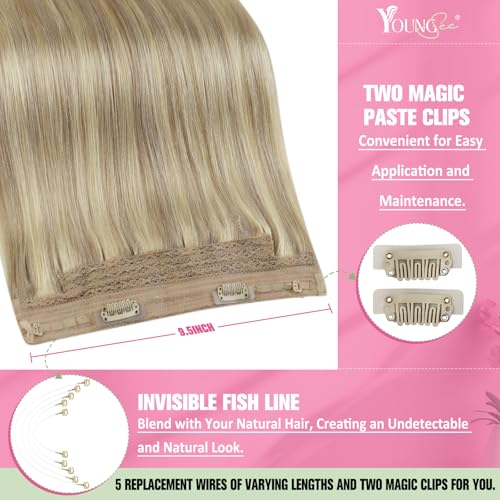 Image of YoungSee Wire Hair Extensions Blonde, 12 Inch 75g Short Straight Human Hair Wire Extensions, Golden Blond with Light Blonde Highlights, One Piece Hair Extensions, Easy to Wear for Beginners