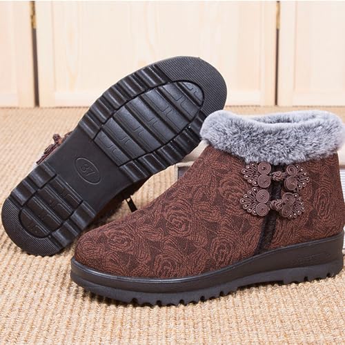 Women's Winter Warm Fur Lined Snow Ankle Boots,Ethnic Style Embroidered Warm Booties Comfortable Side Zip Casual Indoor Outdoor Flat Non-Slip Mom Cotton Shoes4