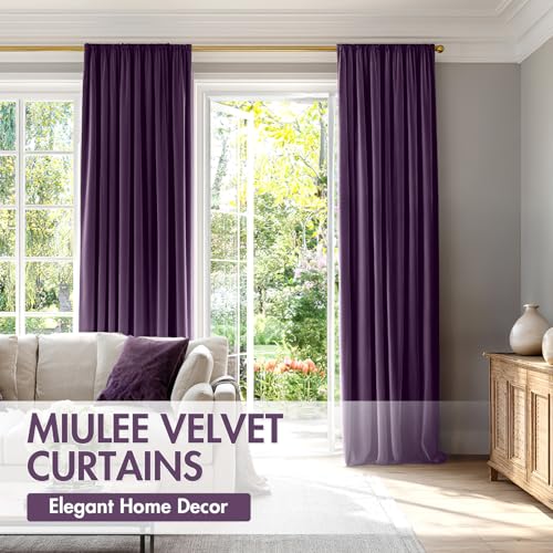Image of MIULEE Purple Blackout Velvet Curtains Drapes 90 Inch Long 52 inchx90 inch Bedroom | Luxurious Bedroom Living Room Decor, Room Darkening, Thermal Insulated, Rod Pocket Design, Super Soft Fabric