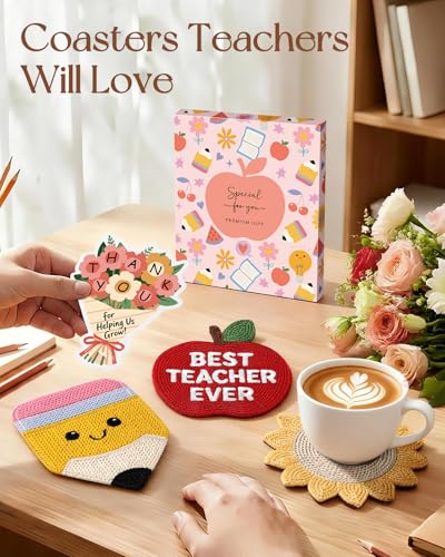 Slohif Cute Woven Drink Coasters Funny Gifts for Home Desk Coffee Table-Creative Teacher Crochet Decor Gift Office Cup Coaster Accessories for Women Family (3pcs)