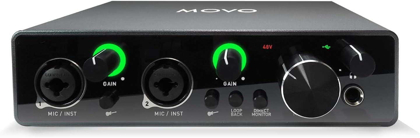 Movo MDX-1 2×2 USB Audio Interface: Dual Channel with 48V Phantom Power – Premium Portable Podcasting, Songwriting, & Music Recording Equipment Movo MDX-1 2×2 USB Audio Interface: Dual Channel with 48V Phantom Power – Premium Portable Podcasting, Songwriting, & Music Recording Equipment
