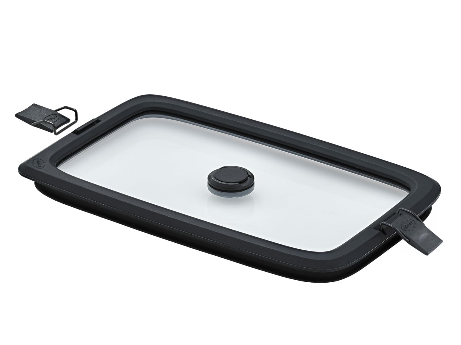RÖSLE FLEXX 2GO Vacuum Lid 1.5 L Square with Clips, Safety Glass with Silicone Edge and Vacuum Valve, Aroma-tight, Transparent/Black
