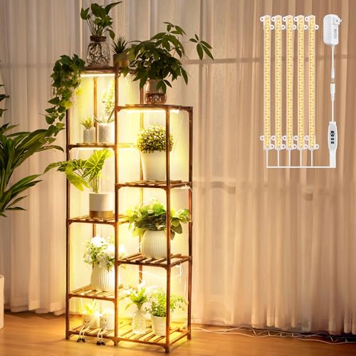 Dreyoo Plant Stand with Grow Lights, Wood Plant Shelf with Full S...