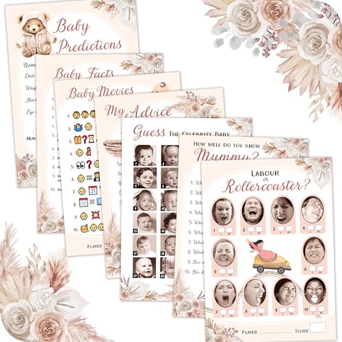 Baby Shower Games (7 Fun Games for 12 Guests) Baby Predictions Guess The Celebrity Labour or Rollercoaster Baby Movie Emoji Game and More Teddy Bear Gender Neutral Styles (Boho Beige)