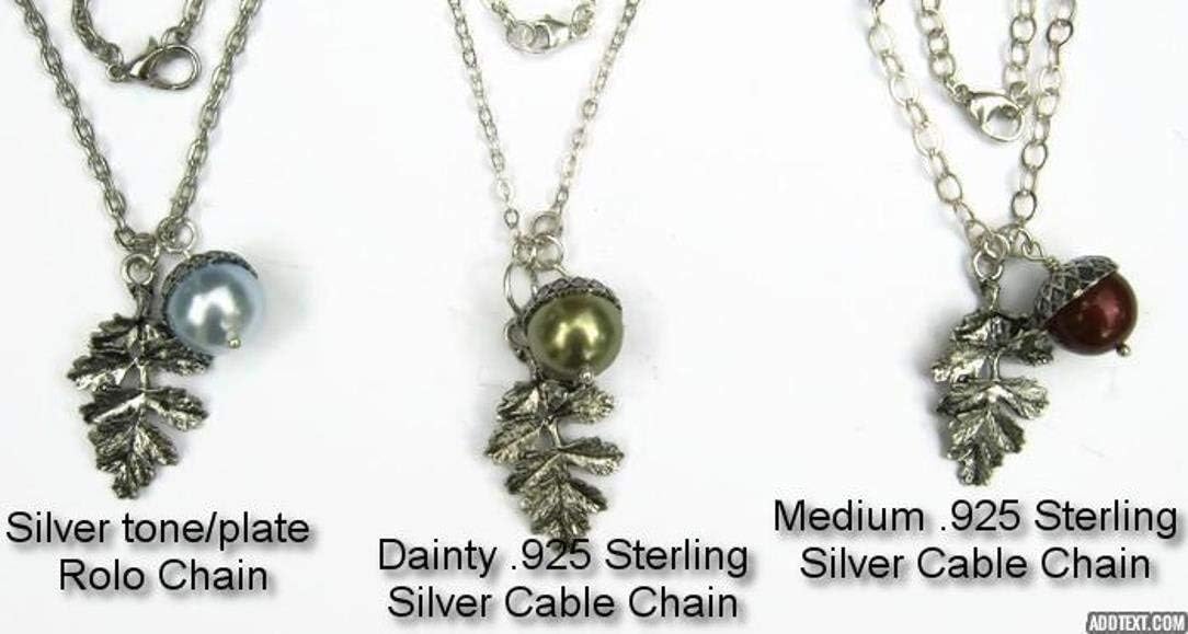 Personalized Acorn Necklace, Designer Faux Pearl Necklace, Antiqued Silver Jewelry, Leaf Branch Autumn Nature, CHOOSE Color, Handmade - Image 4