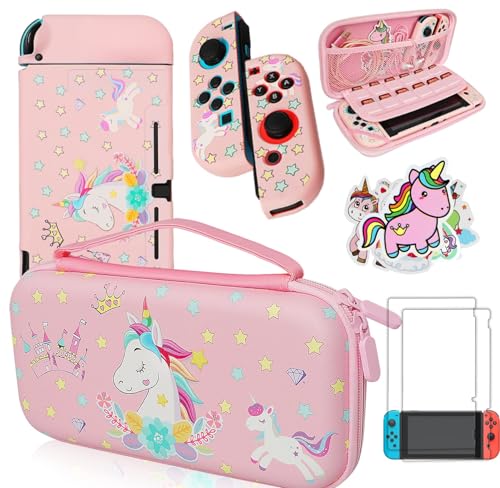 Image of Pink Unicorn Carrying Case Compatible with Nintendo Switch (Not OLED or Lite) with Dockable Protective Grip Case +Screen Protector +Unicorn Stickers, Hard Storage Case Accessories Kit Bundle for Girls
