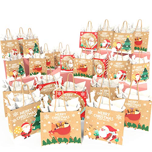 KD KIDPAR 24pcs Christmas Kraft Gift Bags Set Christmas Prints Bags with 24 Tissue Papers, Goody Bags, Xmas Gift Bags, School Classrooms and Party Favors