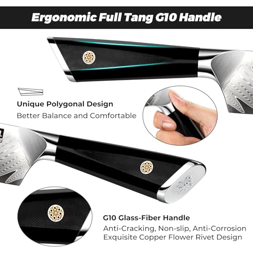 Foto von SHAN ZU Damast Kochmesser 21cm, Japanisch 10Cr15CoMoV Damastmesser Stahl 67-Schicht Twill Muster Küchenmesser Professional High Carbon Sharp Messer mit G10 Griff/Geschenkbox - GYO Series