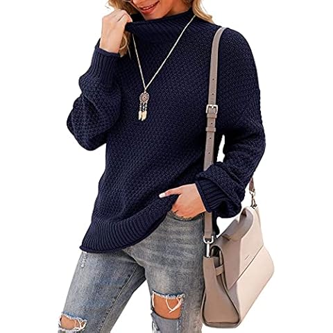 YUNDAI Chunky Turtleneck Sweaters for Women Long Sleeve Knit Pullover Sweater Jumper Tops, Large Navy Blue Cover