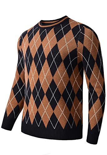 Men's Retro Argyle Sweater Long Sleeve Slim Fit Crewneck Pullover Sweater