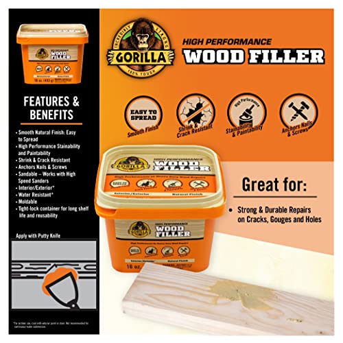 Gorilla High Performance Wood Filler, Stainable & Paintable, Shrink & Crack Resistant, Anchors Nails & Screws, Moldable, Sandable, Natural Color, 453g/16oz, Tub, (Pack of 1) by GORILLA - Image 4