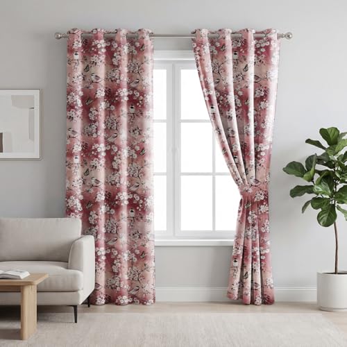 Image of LINENWALAS Printed Blackout Curtains for 9 Feet Long Door | Set of 2 | Charming Bird & Floral Drapes | Thermal Insulated, Room Darkening Panels with Grommet Hanging for Living Room (Peach Blossom)