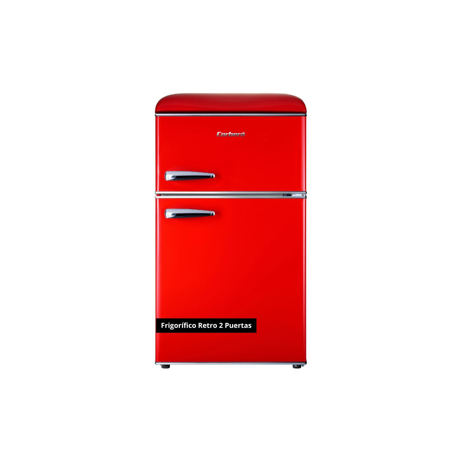 Corberó – lodówka retro statyczna, CF2PG90RR, 89 x 48 x 51 cm, pojemność 86 l, zamrażarka 26 l, 37 dB, światło wewnętrzne, szklane półki, nogi poziomujące, kolor czerwony