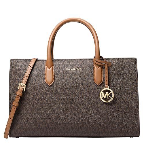 Michael Kors Womens Scarlett Medium Top-Zip Satchel Gold-Tone Hardware/MK Signature Semi Lux Black Brown/Acorn