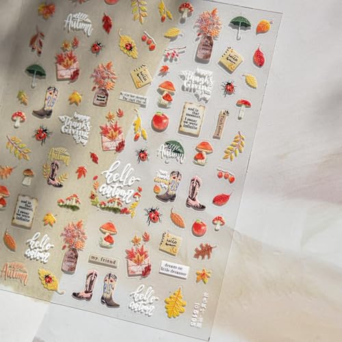 Image of Fall Nail Stickers Autumn Leaf Nail Art Decals Maple Leaf Nails Art Stickers 5D Embossed Self Adhesive Design Nails Supply for Women Girls Kid Manicure Decoration