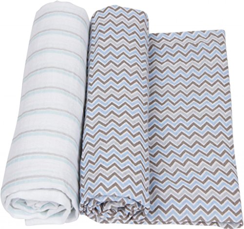 Image of Miracle Blanket Soft Muslin Swaddles Newborn Nursery Sleep Essential - Pack of 2 Warm Wraps (Blue & Grey Stripes & Chevrons)