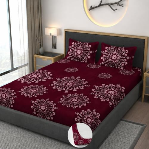 Image of Vaini Premium Heavy Cotton Elastic Fitted Bedsheets with 2 King Size Pillow Covers || Double Bed with All Around Elastic 350 TC || 60 x 78 x 8 Inch Queen Size Fitted || :- Maroon Big Flower