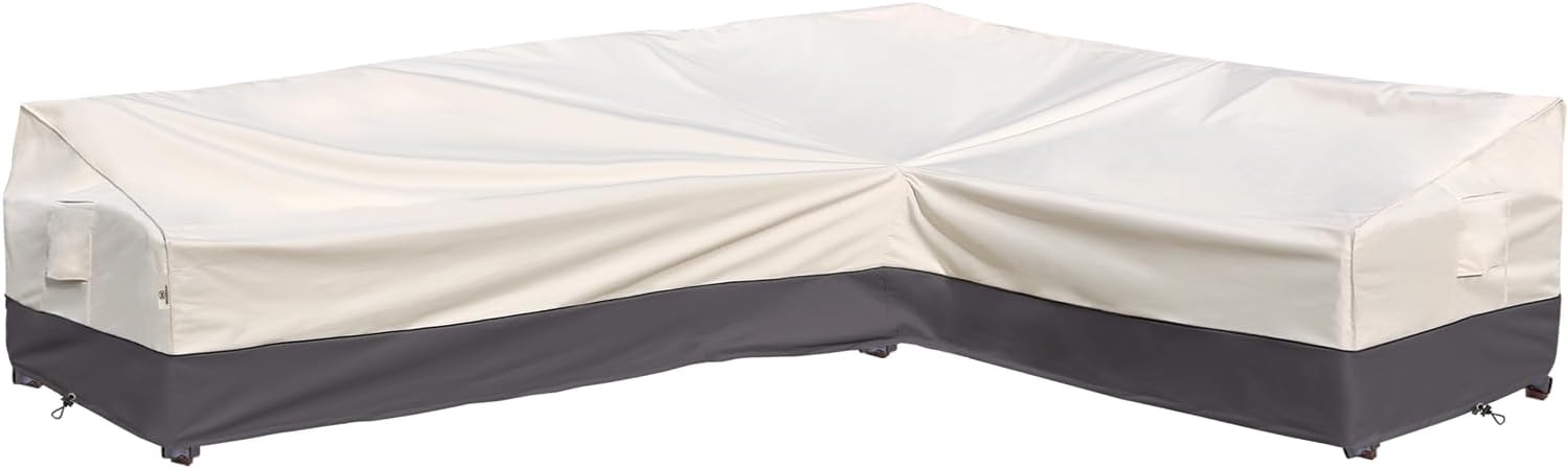 Outdoor Sectional Cover Patio Furniture Covers Waterproof Rip-Stop Anti-UV 600D Heavy Duty Couch Sofa Cover with 3 Air Vent (Beige & Charcoal, L-shaped 120"x90")