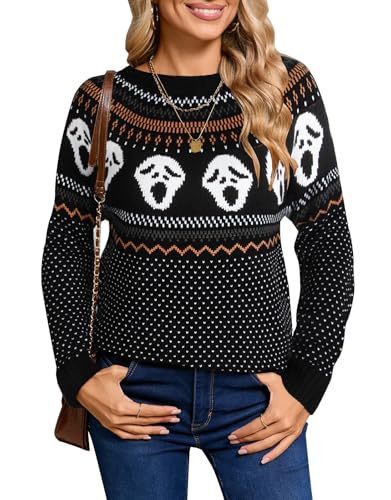 Image of Women's Fair Isle Sweaters Long Sleeve Crew Neck Loose Casual Halloween Pullover Sweater Black X-Large