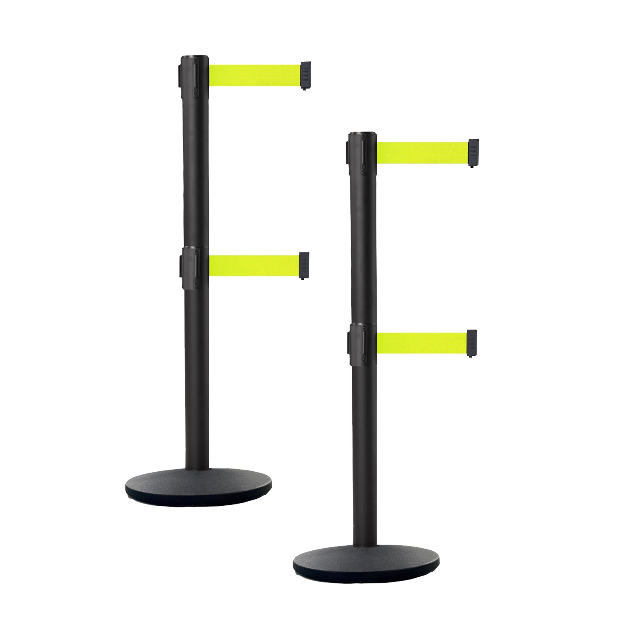 Crowd Control Warehouse CCW Set of 2 Dual Retractable Belt Barrier Stanchion, Cast Iron Base Black Post, IRBB-100D (11 Belt, Fluorescent Yellow Belt)