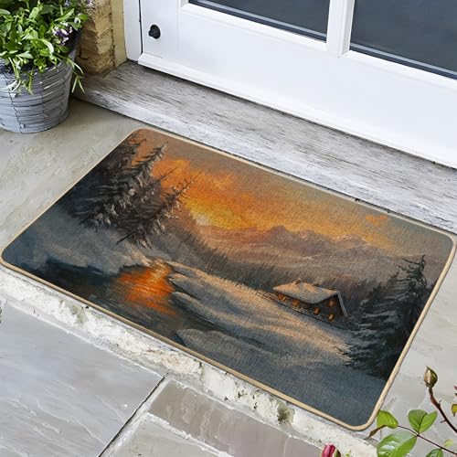 Zerbino con paesaggio invernale, accogliente zerbino per cabina di montagna per ingresso esterno e interno, decorazione rustica, in gomma, impermeabile, antiscivolo, assorbe la polvere, facile da