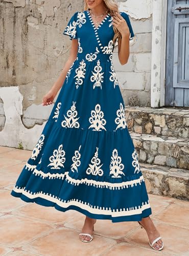 Image of PRETTYGARDEN Womens 2026 Summer Casual V Neck Boho Maxi Dress Flowy Aline Bell Sleeve Tiered Floral Dresses with Pocket