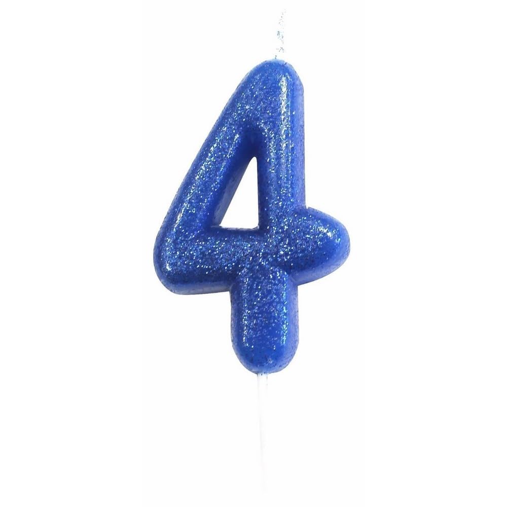 Anniversary House Blue Colourful Glitter Number 4 Cake Candle For Birthday And Anniversary Decorations - Elegant Birthday Candle For Cake - Stylish Silver Number Candle Topper 7 Cm