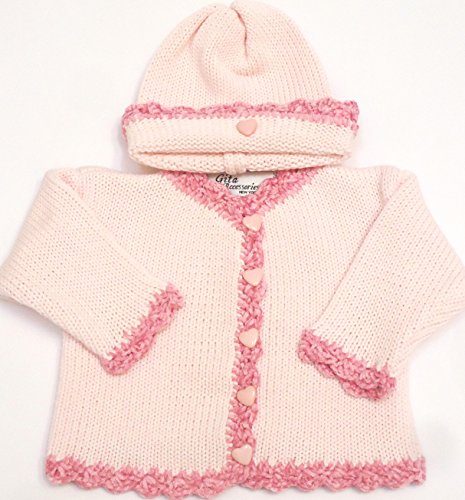 Knitted Pink Cotton Crochet finished with Raspberry Chenille Cardigan Hat set