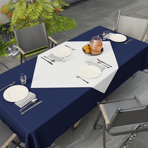 Image of Encasa XO Dining Table Cover Cloth for 4 Seater | 90x90 cm Cotton Canvas Square Table Cloth | Machine Washable Tablecloth for Indoor & Outdoor Use - White Solid Color