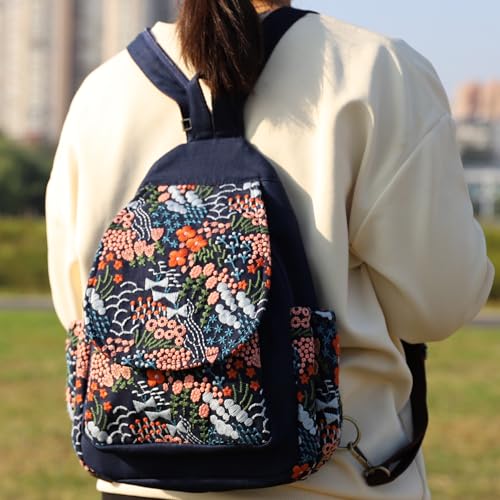 Image of SILKAREA Canvas Sling Backpack Purse for Women Embroidered Flowers Travel Backpack Crossbody Bag Shoulder Bag (Embroidered B)