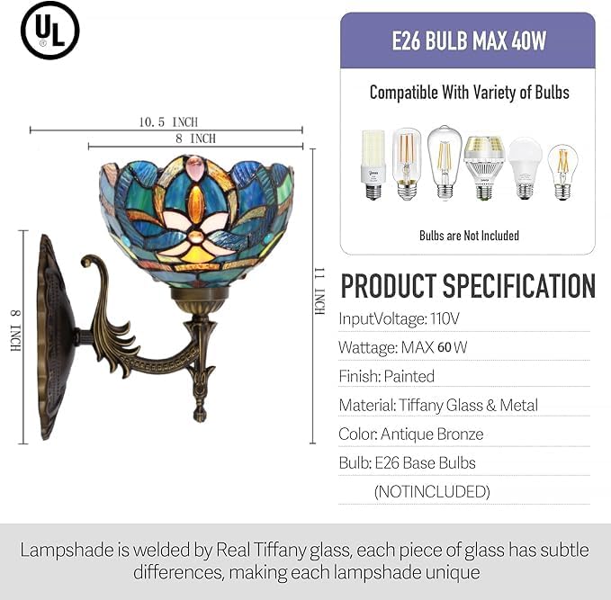 Tiffany Wall Sconce Plug in Wall Bedside Light Stained Glass Wall Lamp 8X10.5X11 Inch for Hallway Stairway Bedroom (Blue Baroque Style)
