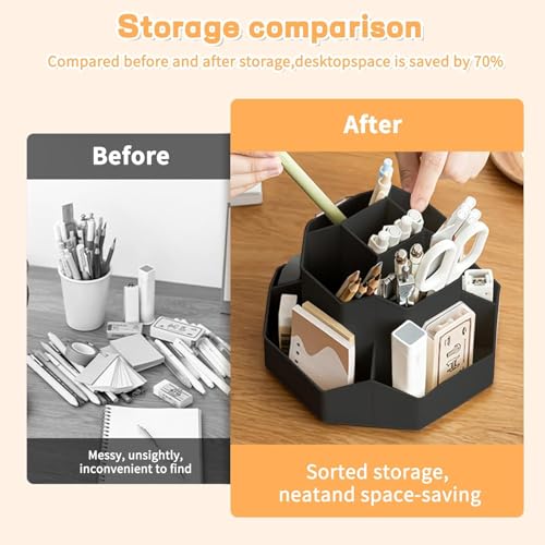 Image of Rotating Desk Organizer Pen Pencil Holder with 9 Slot 360 Desktop Organizer for Office Supplies Stationery Staplers Clips Sticky Notes Remote Mobile Holder Visiting Card (Black)