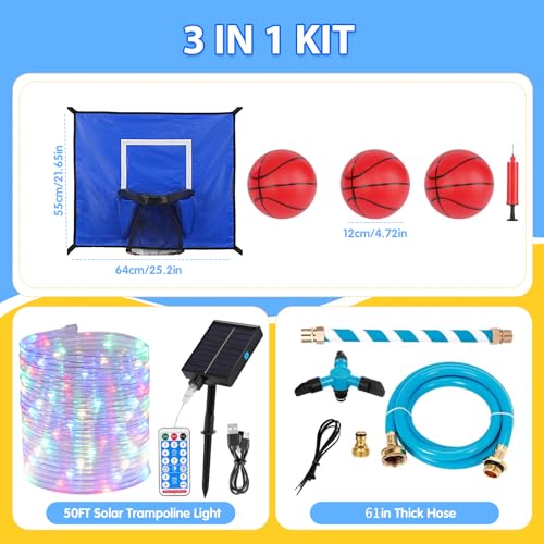 3-in-1 Trampoline Accessories Kit: 360°Rotating Water Sprinkler, 50FT Solar-Powered LED Lights & Kids Basketball Hoop with 3 Mini Balls / 8 Light Modes, Universal Fit for 8-16ft Trampolines