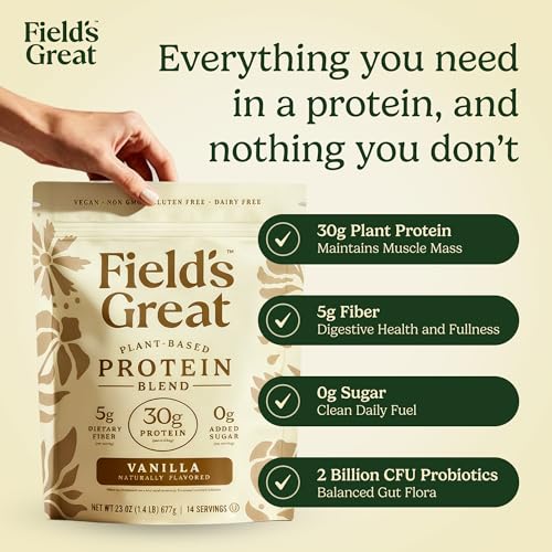 Image of Field's Great All-in-One Plant-Based Vanilla Protein Shake Powder - Healthy Aging, 30g Protein, 5g Fiber + Probiotics, Gut-Friendly, Blood Sugar & Muscle Support, Vegan Meal Replacement, GLP1, 23oz