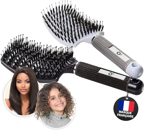 O³ Brosse Poil de Sanglier- 2 Brosses à Cheveux - Démélant Cheveux 100% Naturel