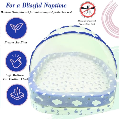 Image of Toddylon Baby Bed Bedding Set for Newborns | Mattress | Mosquito Net | Cotton | Travel Bed | Essentials | 0-12 Months | Blue