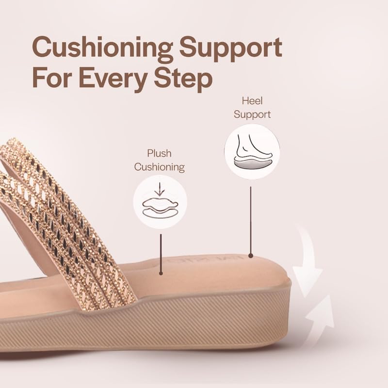 Image of FAUSTO Women T-Strap Slip On Ethnic Sandals with Rhinestone Strap | Wedge Ortho Slip-On Slippers | Perfect for Wedding, Festive Outfits