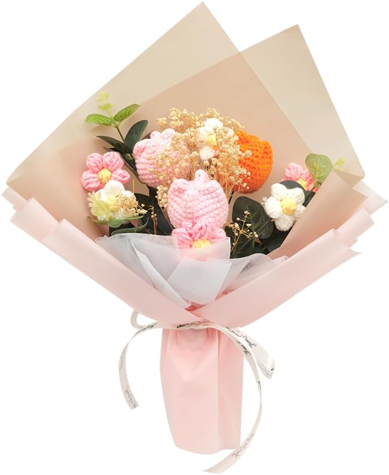 Crochet Tulips Flower Bouquet Artificial Flowers: Completed Crochet Flowers for Mother's Day Birthday Thanksgiving Home Decor (Pink Orange)