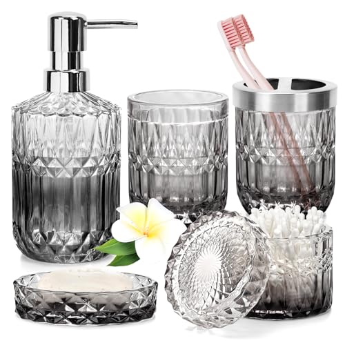 5 Stück Glas Badezimmer Zubehör Sets, Seifenspender Set mit Seifenspender, Seifenschale, Zahnbürstenhalter, Wattestäbchen Kanister, Becher, Badezimmer Deko Set, Badezimmer Organizer