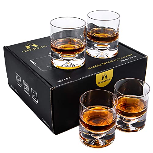 Lemonsoda Crystal Bubble Base Whiskey Glass Tumbler - Set Of 4 - Thick Weighted Bottom - Unique Design - Great For Scotch Whiskey, Old Fashion, Manhattan, Bourbon & Cocktails #TOP6