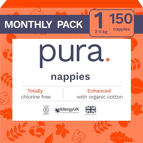 Pura Eco Baby Nappies Size 1 (2-5 kg / 4-11 lbs), 6 x 25 pés (150 total), pack monthly newborn nappies for skin sensorial, algodão orgânico, indicador de fitness, umbilical cord cutto. Tamanho único