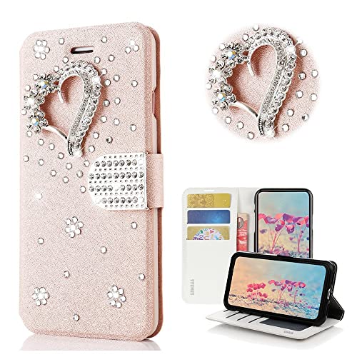 STENES Bling Wallet Phone Case Compatible with Umidigi A15T Case - Stylish - 3D Handmade Pretty Heart Design Magnetic Wallet Stand Girls Women Leather Cover Case - Pink