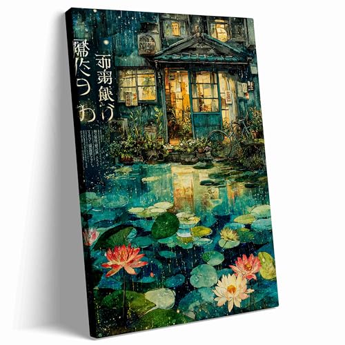 OVYXCH Japanese Garden Lotus Pond Wall Art, Traditional Japan House