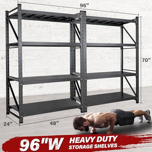 Image of Set of 2 48 inch Wide Heavy Duty Garage Shelving Units,3000LBS 24 Deep Storage Shelves,Metal Garage Shelves,Large Storage Rack,Steel Shelf,Industrial Shelving for Shop,Warehouse,48 inch W x 24 inch D x 70 inch H