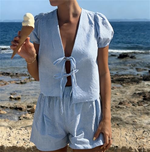 Image of Yuemengxuan Women Y2k Peplum Shirt Shorts Set Two Piece Lounge Set Pajamas Sets Puff Sleeve Tie Front Top 2pcs Pj Outfits