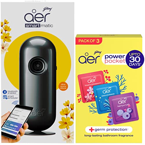 Image of Godrej aer Smart Matic Kit - BLUETOOTH ENABLED Automatic Air Freshener spray| Alive (225ml) & Godrej Aer Power Pocket, Air Freshener- Bathroom and Toilet, Lasts Up to 30 days - Assorted Pack of 3