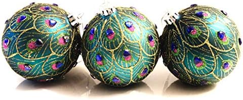 Christmas @ Thumpers Glass Ball Peacock design 8cm Decoration set of 3 - new for 2015 (Sequined Peacock)
